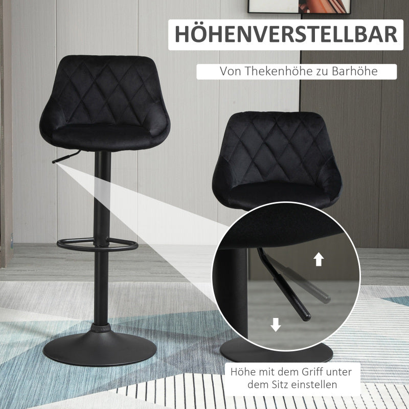 Barhocker 2er-Set Höhenverstellbar Schwarz Bistrohocker mit Fußstütze und Rückenlehne aus Samt & Metall