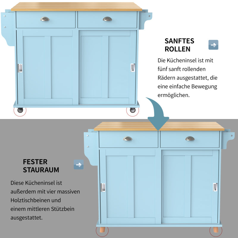 Esswagen/Anrichte, 112x40(70)x94 cm, Blau, Klappbare Massivholzoptik-Arbeitsplatte, mit Ablagetür, Rollen & Auswechselbaren Massivholzfüßen, für Küche & Esszimmer