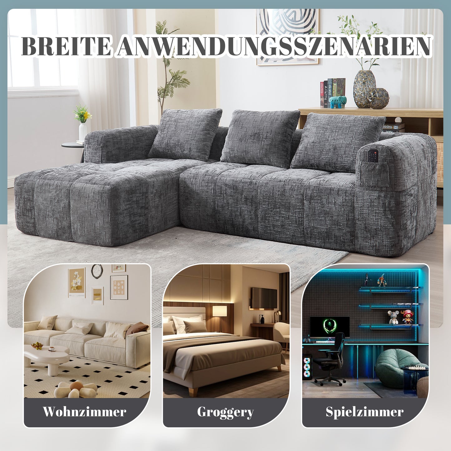 Modernes Sektionssofa, L-Sofa, 3-Sitzer-Sofa, keine Installation erforderlich, Chenille-Sofa mit Chaiselongue und Armlehnen, 3 Kissen, Seitentasche für Fernbedienung, Grau