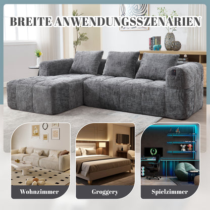Modernes Sektionssofa, L-Sofa, 3-Sitzer-Sofa, keine Installation erforderlich, Chenille-Sofa mit Chaiselongue und Armlehnen, 3 Kissen, Seitentasche für Fernbedienung, Grau
