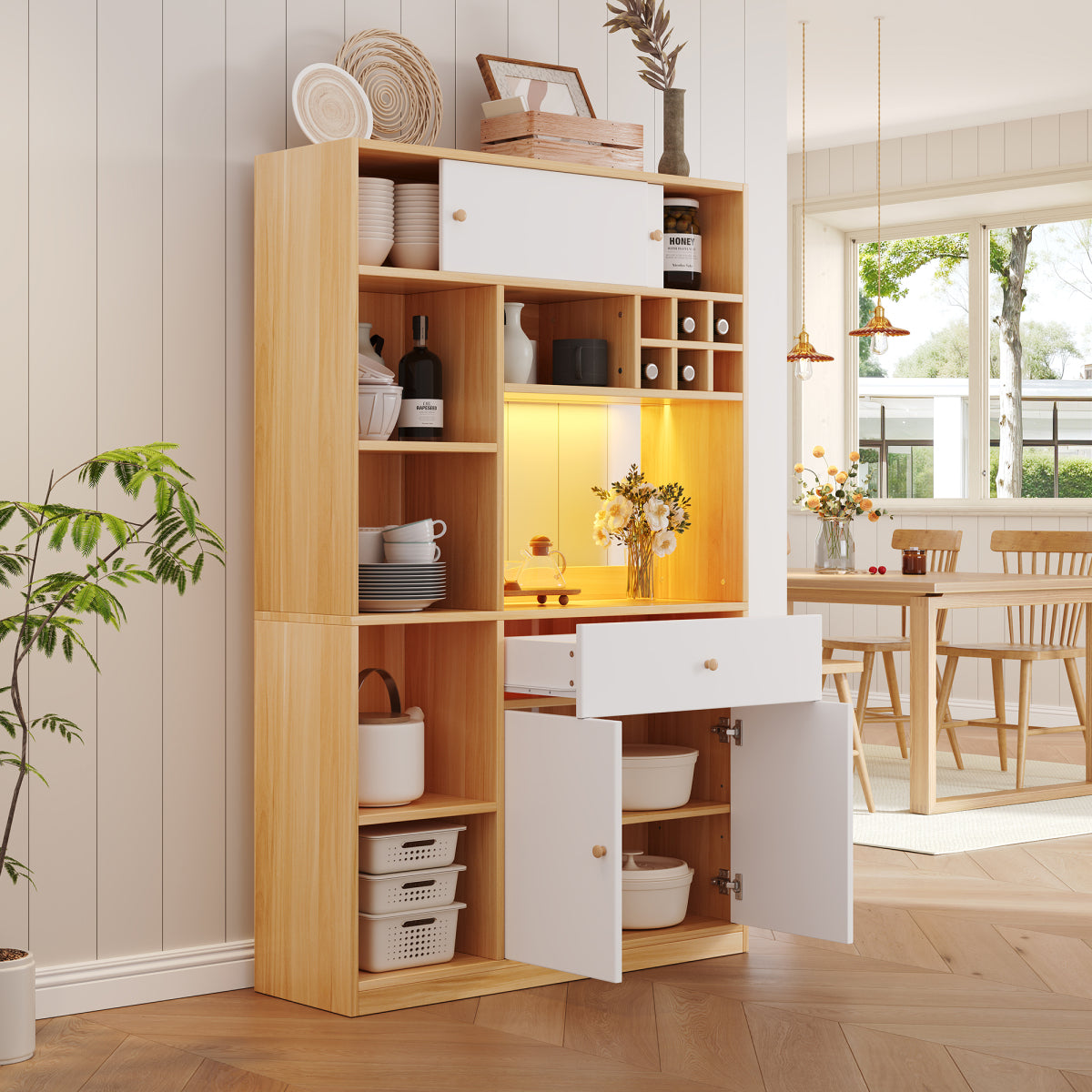 Küchenschrank 115×35×180 cm mit LED, Küchenbuffet mit Schublade, 3 Türen & Regalen, Hochschrank für Mikrowelle – Weiß/Natur