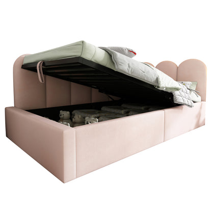 Polsterbett Daybett,Tagesbett Schlafsofa mit hydraulischem Stauraum, Kinderbett mit Metall-Lattenrost, Samt, Rosa, ohne Matratze