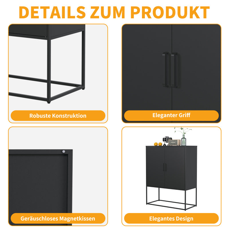 Metall-Sideboard,Lagerschrank– 2 Regale, freistehender Stahlschrank, Magnettüren, Anti-Kipp-Sicherung, Wohnzimmer, Küche, Büro, Schwarz, H 109 cm × B 85 cm × T 40 cm