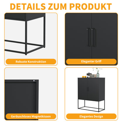 Metall-Sideboard,Lagerschrank– 2 Regale, freistehender Stahlschrank, Magnettüren, Anti-Kipp-Sicherung, Wohnzimmer, Küche, Büro, Schwarz, H 109 cm × B 85 cm × T 40 cm