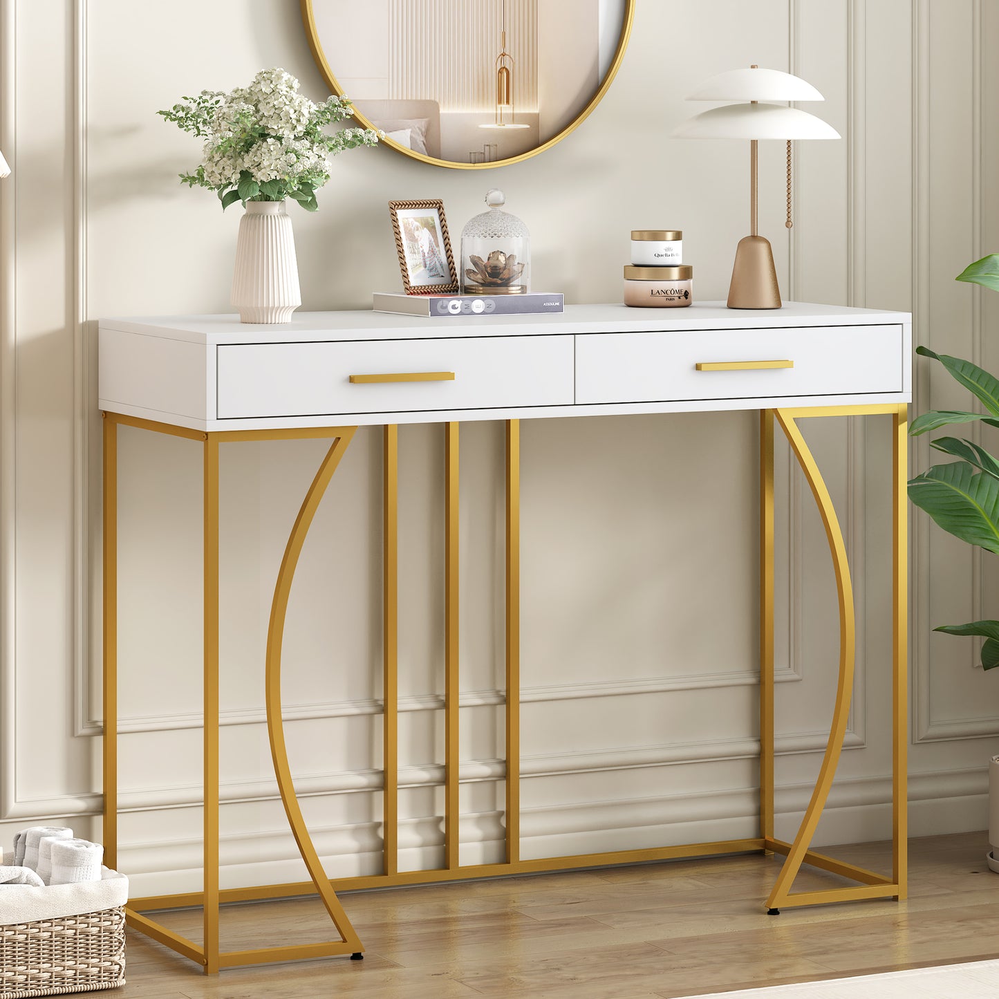 Konsolentisch,Flurtisch mit 2 Schublade ,Leichter Luxus-Stil Beistelltisch, Weiß/Gold