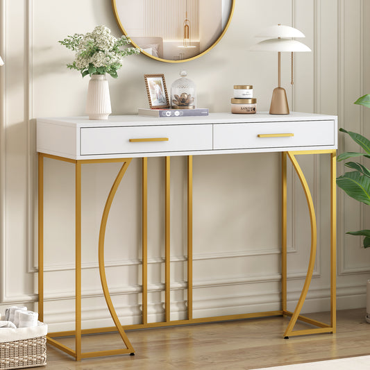Konsolentisch,Flurtisch mit 2 Schublade ,Leichter Luxus-Stil Beistelltisch, Weiß/Gold