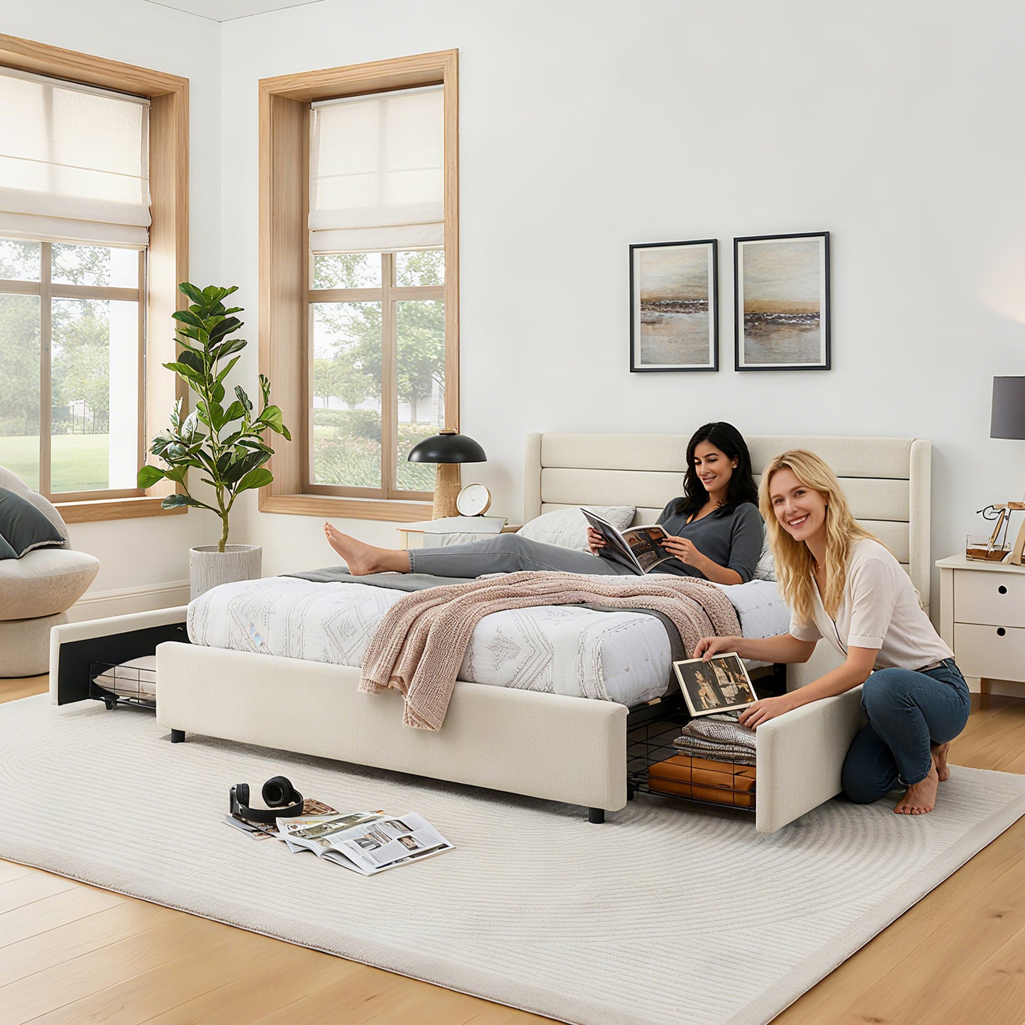 Doppelbett 160×200 cm aus Chenille mit 4 Schubladen, stabiles Bettgestell für Schlafzimmer & Eltern-Kind-Zimmer, Beige (ohne Matratze)