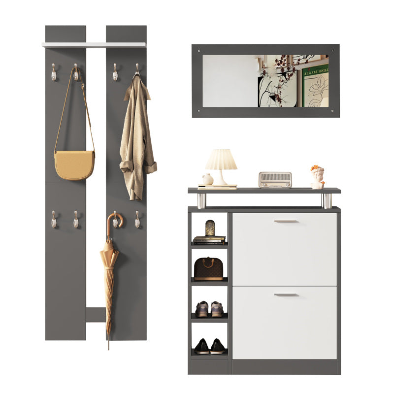 Wandgarderoben-Set 80 x 25 x 96.5 cm, inkl. Spiegel, 2 Wandpaneelen, einer Regalwand und einem Schuhschrank, Korpus anthrazitgrau matt, Flurmöbel, Flurtrockenständer, Flurgarderobe, Schuhwechsler-Set,