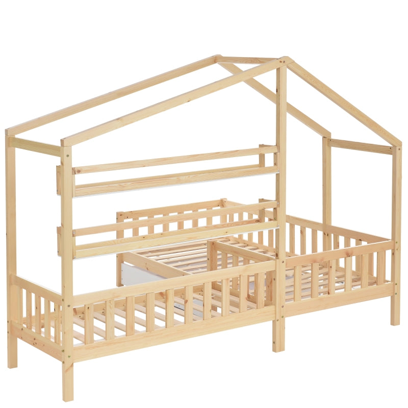 Kinderbett Hausbett mit Schubladen und Regalen, Massivholz mit Zaun und Lattenrost, L-Struktur, Natur (90x200 cm+140x70cm)