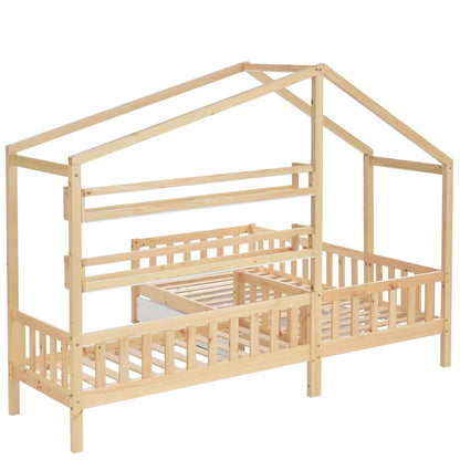 Kinderbett Hausbett mit Schubladen und Regalen, Massivholz mit Zaun und Lattenrost, L-Struktur, Natur (90x200 cm+140x70cm)