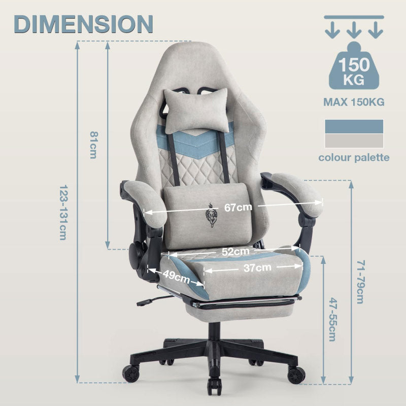 Gaming Stuhl mit Fußstütze Gaming Stuhl Stoff Bürostuhl mit Lendenwirbelstütze Ergonomischer Gaming Sessel Gaming Stuhl 150 kg Belastbarkeit Gamer Stuhl Verstellbare Armlehne, Grau