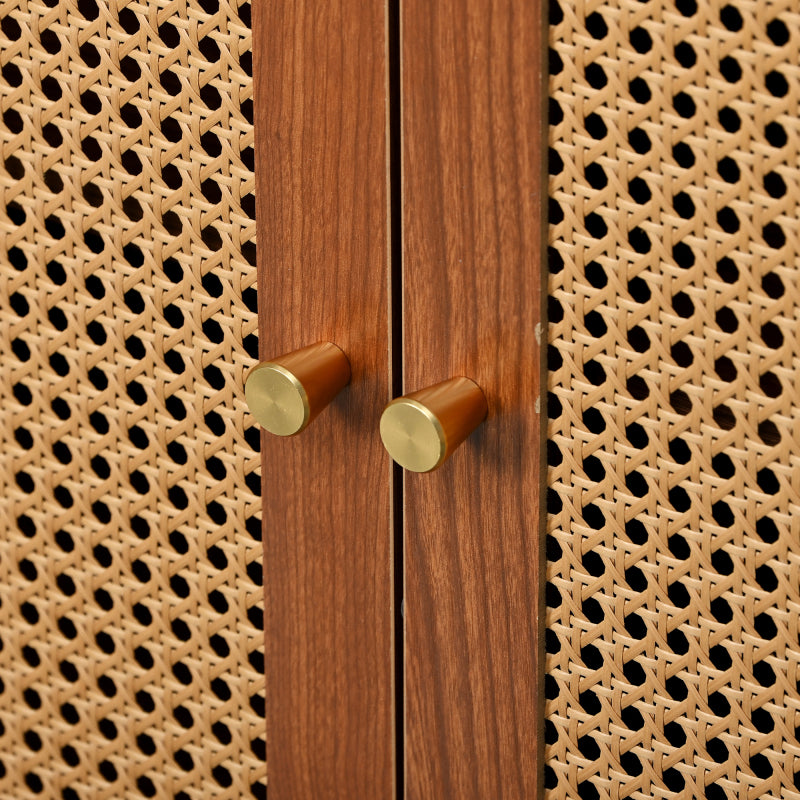 Sideboard mit 3 Rattan verzierten Türen Kommode Highboard mit Metallgriffe, für Schlafzimmer & Wohnräume & Büro, Nussbaum 129.8x 40x 76cm