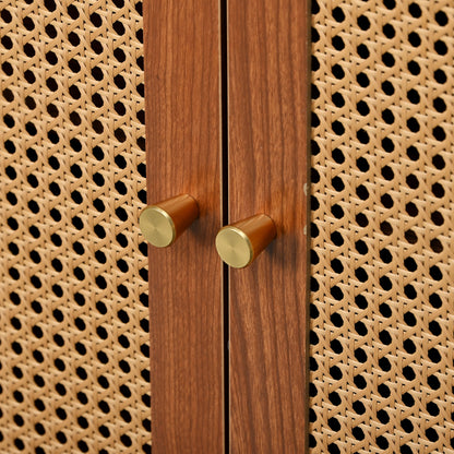 Sideboard mit 3 Rattan verzierten Türen Kommode Highboard mit Metallgriffe, für Schlafzimmer & Wohnräume & Büro, Nussbaum 129.8x 40x 76cm