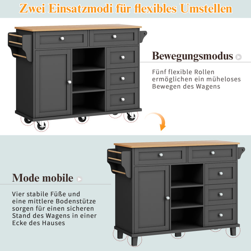 Speisewagen (134 x 46 x 92 cm), moderner und einfacher schwarzer Speisewagen, Schubladen-Aufbewahrungsschrank-Kombination, mobiles und festes Dual-Use-Design, geeignet für Heimküchen