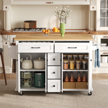 Multifunktionaler Küchenwagen mit ausklappbarer Arbeitsplatte, 120×65 cm erweiterbar, mit 5 Schubladen, Schränken, Gewürz- & Handtuchhalter, auf Rollen – Kücheninsel für Küche, Esszimmer & Wohnzimmer