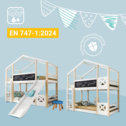 Kinderbett Baumhaus mit Rutsche & Leiter 90 x 200 cm, Hochbett für Kinder– 2x Lattenrost- Natur & Weiß