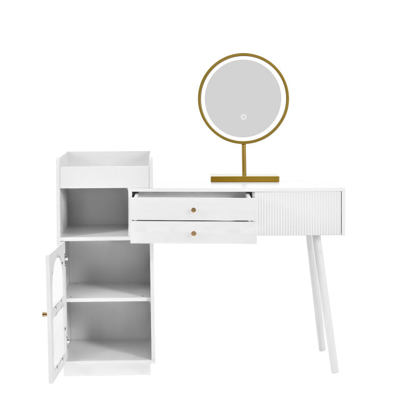 Kosmetiktisch-Set mit LED-Spiegel und 3-Farben-Beleuchtung, Schminktisch aus Holz mit 3 Schubladen und Seitenschrank, ausziehbares Design - Maße: B120/H90/T40 cm (ohne Hocker)