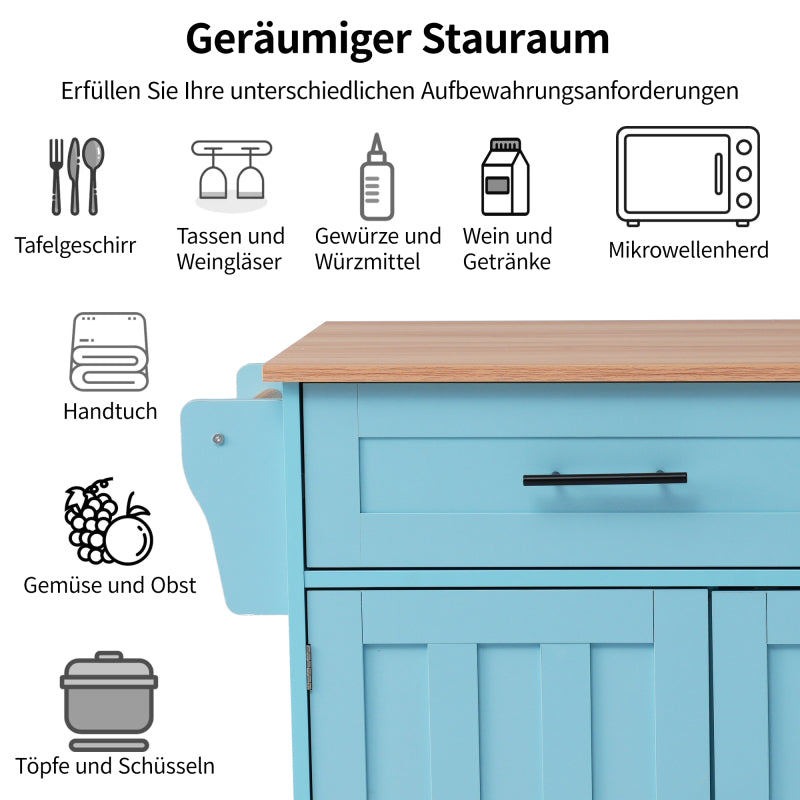 129x46(71)x91,5 cm großer Speisewagen/Sideboard, Arbeitsplatte mit Massivholzmaserung + blauer Schrank/faltbare Arbeitsplatte/Aufbewahrungstür-Design/Räder/Massivholzfüße umschaltbar/für Zuhause geeig