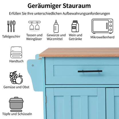 129x46(71)x91,5 cm großer Speisewagen/Sideboard, Arbeitsplatte mit Massivholzmaserung + blauer Schrank/faltbare Arbeitsplatte/Aufbewahrungstür-Design/Räder/Massivholzfüße umschaltbar/für Zuhause geeig