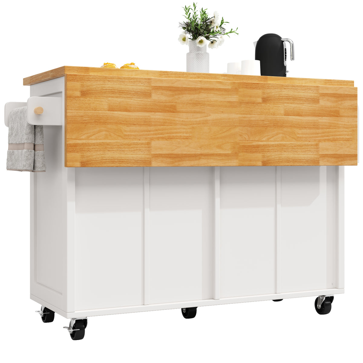 Kücheninsel mit Rollen & Glastüren, klappbare Arbeitsplatte, mobiler Servierwagen mit Schublade & Regal, Küchenwagen Weiß & Holzoptik