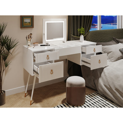 Weißer Schminktisch(Ohne Stühle), Enthält LED-Spiegel mit einstellbarer Helligkeit, luxuriösem vergoldetem Zubehör und mehreren Stauräumen, mit 4 Schubladen, Schreibtisch univer, Weiß