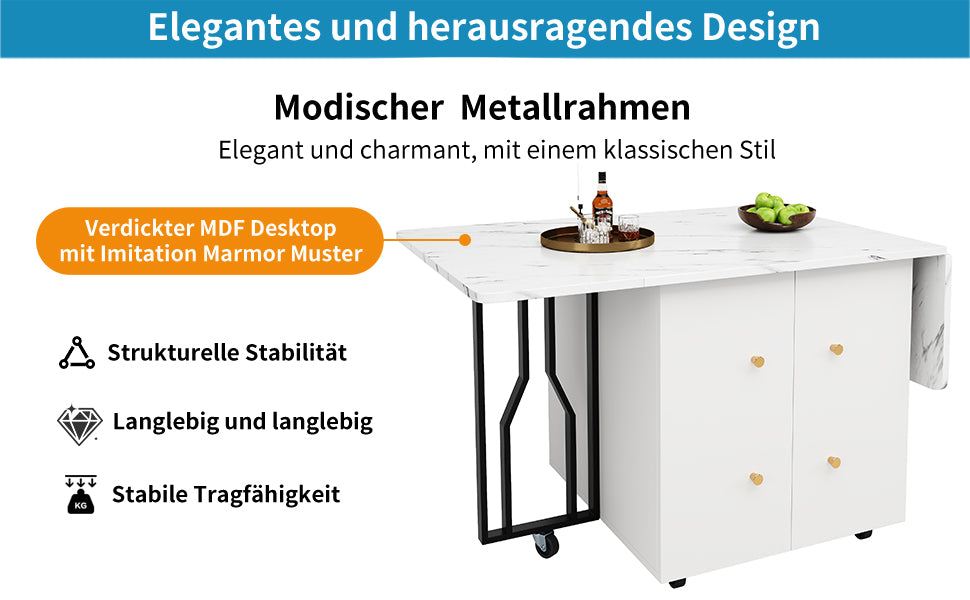 Tragbarer Esstisch, klappbare Tischplatte, marmorierte Tischplatte, geeignet für Esszimmer, Wohnzimmer, verstellbare Trennwände, großes Staufach, 6 Rollen (2 feststellbar), schwarze Tischbeine