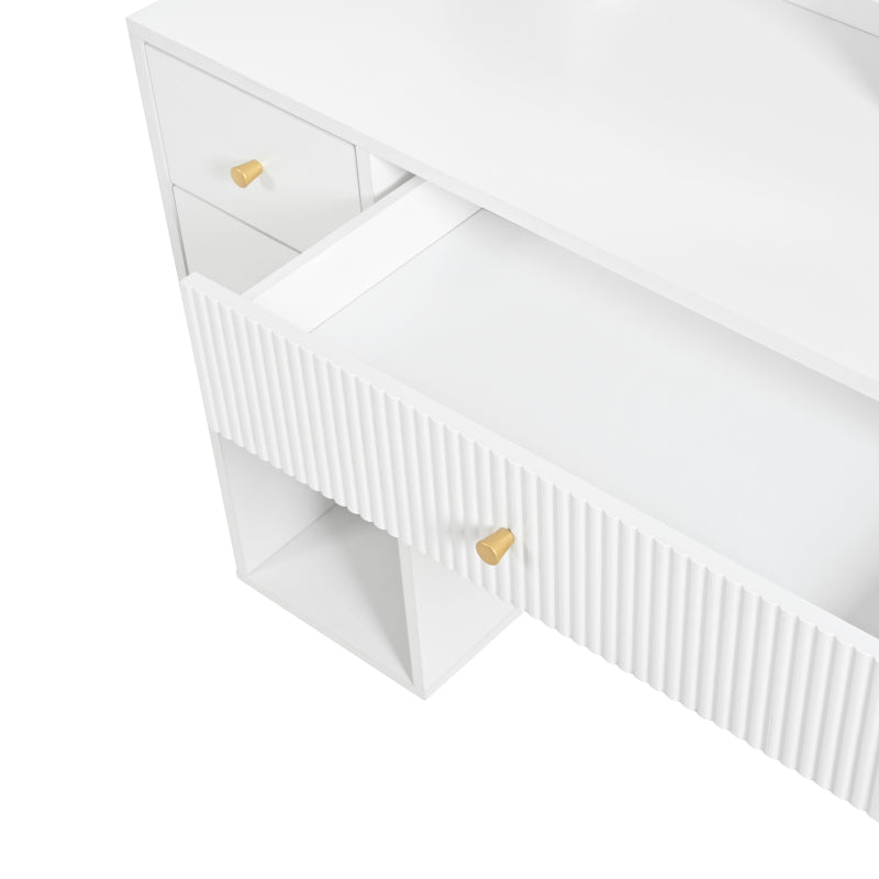 Beleuchteter Schminktisch mit Spiegel & Hocker – Moderner Frisiertisch mit Einstellbarer Helligkeit, Schubladen & Offener Ablage, Weiß, 100×40×138 cm