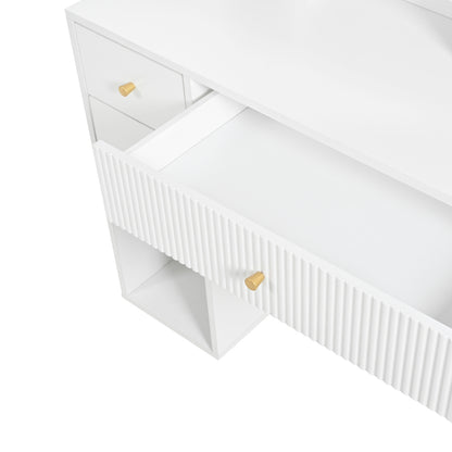 Beleuchteter Schminktisch mit Spiegel & Hocker – Moderner Frisiertisch mit Einstellbarer Helligkeit, Schubladen & Offener Ablage, Weiß, 100×40×138 cm