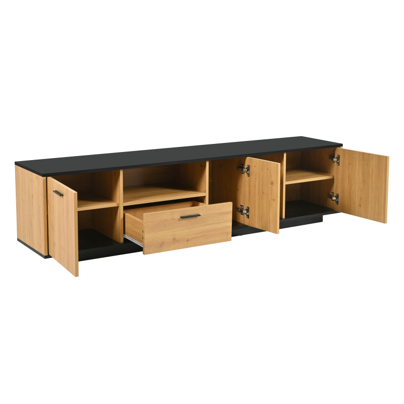 TV-Schrank mit einer Schublade, drei Türen, zwei offene Fächer mit Glas TV-Möbel, TV-Board, TV-Lowboard Feinstruktur. Schwarze und natürliche Holzfarben. 15 variable LED-Leuchten.