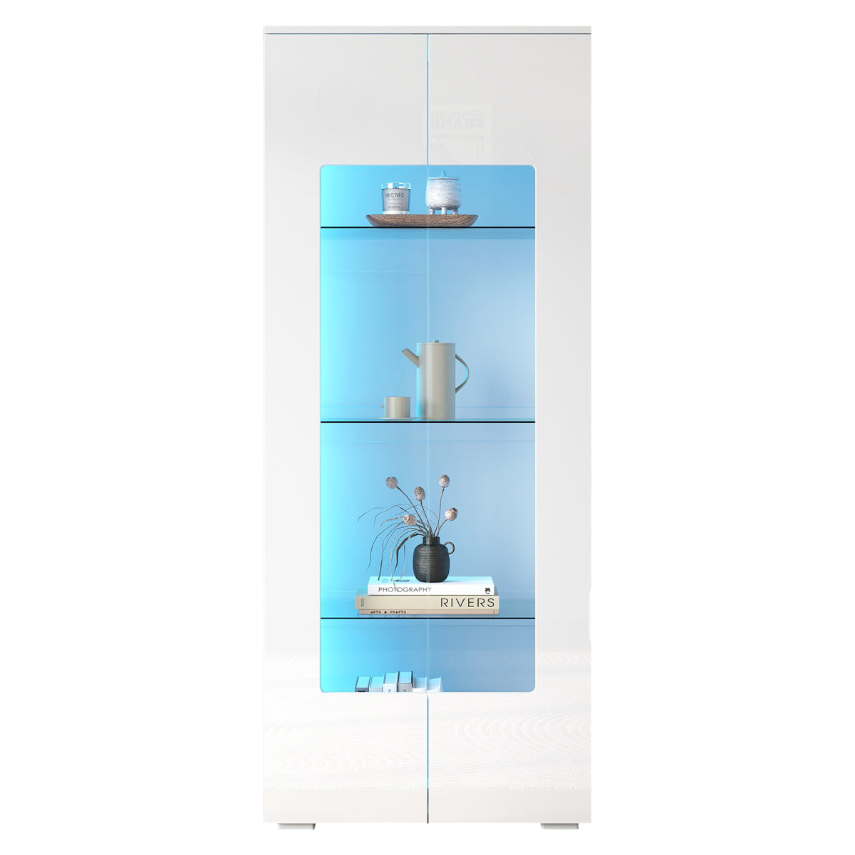 Vitrine LED App-Steuerung, 173 cm, Hochglanz Weiß, Acryl/Glas, Kippschutz
