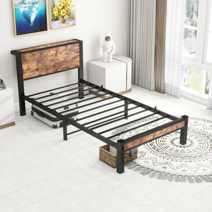 90x200 cm Metallgestell mit Stauraum-Kopfteil, Einzelnes Metall-Plattformbettgestell, Geräuschfrei, Metalluntergestell, Ohne Boxspring Notwendig, Vintage Braun