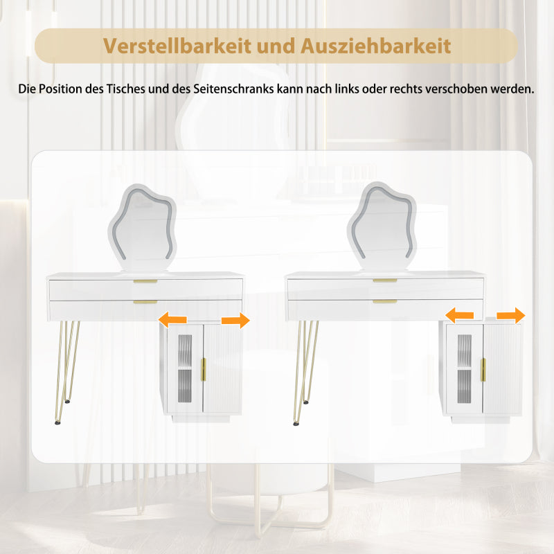 Schminktisch mit LED-beleuchtetem Spiegel, Weißes Schminktisch-Set mit ausziehbarem Design, moderner Kosmetiktisch für das Schlafzimmer  - Maße:B100/H78/T40 cm (ohne Hocker)