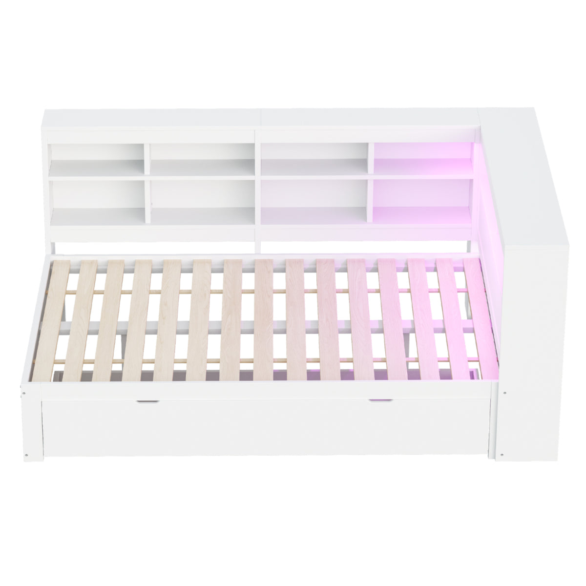 Massivholz-Doppelbett 140x200 Weiß mit LED & USB - Multifunktionales Sofa-Bett mit großen Schubladen, Ablagefächern & viel Stauraum, Weiß