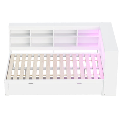 Massivholz-Doppelbett 140x200 Weiß mit LED & USB - Multifunktionales Sofa-Bett mit großen Schubladen, Ablagefächern & viel Stauraum, Weiß