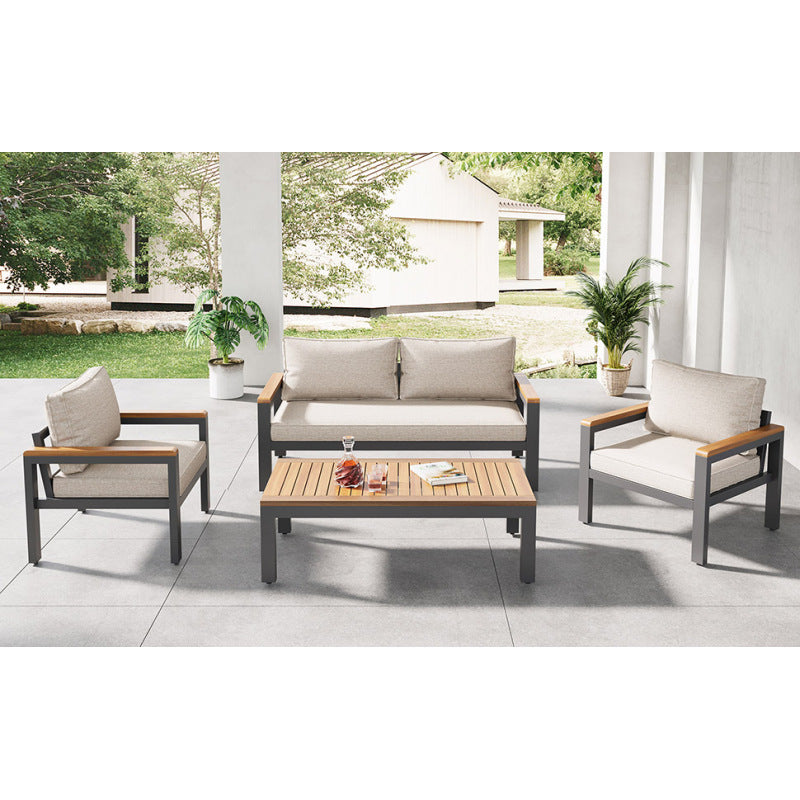 Loungeset, Gartenmöbel-Set mit Rahmen aus verzinktem Stahl, (breites Set, 4-teiliges Esstisch-Set, 1x 2-Sitzer-Sofa, 2x Einzelstühle, 1x Tisch), Akazienholz Tischplatte und Armlehnen,Beige
