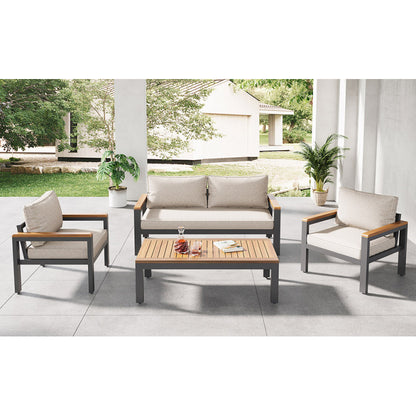 Loungeset, Gartenmöbel-Set mit Rahmen aus verzinktem Stahl, (breites Set, 4-teiliges Esstisch-Set, 1x 2-Sitzer-Sofa, 2x Einzelstühle, 1x Tisch), Akazienholz Tischplatte und Armlehnen,Beige