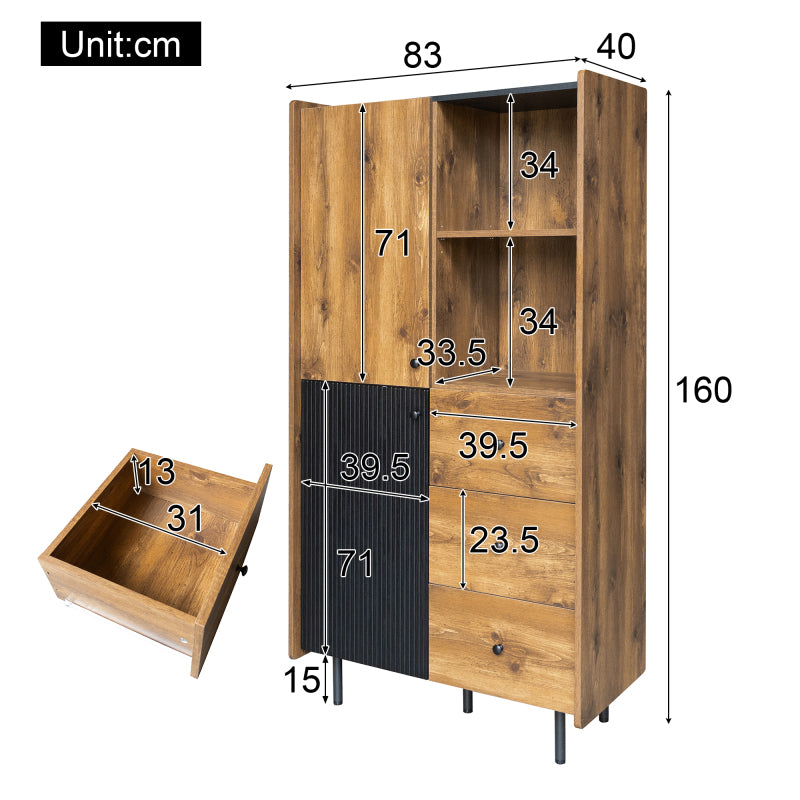 Sideboard - 160 cm hoch, modernes Sideboard mit zwei Türen, drei Schubladen und offenen Regalen