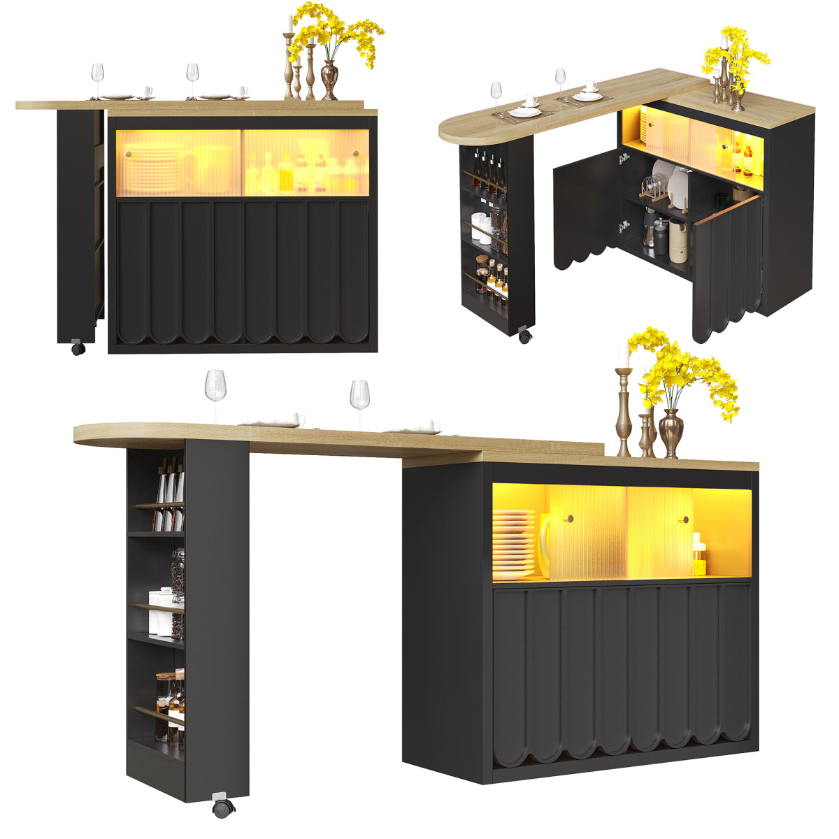 Ausziehbarer Bartisch 135-205cm mit LED & USB, Mobiler Hochtisch Schwarz, Teleskop-Kücheninsel mit Glas-Schiebetür & Soft-Close, Gestreift