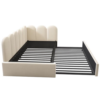 Polsterbett Daybett 90x200cm,Tagesbett Schlafsofa mit Ausziehbett 90x190cm, Kinderbett mit Lattenrost, Samt,Beige, ohne Matratze