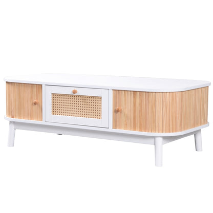 Couchtisch - Rattan-Kaffeetisch, Schubladen mit Rattan und Schiebetüren mit Massivholzlatten, Massivholzbeine, Natürlicher Landhausstil.