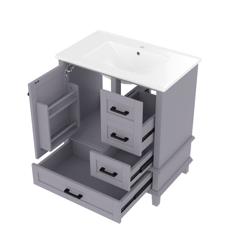 Bodenstehender Badezimmerschrank mit Waschbecken, Waschtisch, komplett lackiert, Türregal, drei geräuschlose Schubladen, integriertes Keramikwaschbecken, Grau