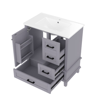 Bodenstehender Badezimmerschrank mit Waschbecken, Waschtisch, komplett lackiert, Türregal, drei geräuschlose Schubladen, integriertes Keramikwaschbecken, Grau