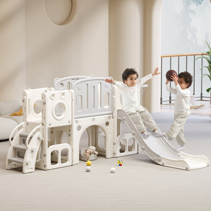 Bären Kinder 6-in-1 Rutsche mit einer Rutsche, zwei Plattformen, zwei Bodenschrankfächern, Basketballkorb und Treppe - Hochdichtes Polyethylen (Ozeanbälle nicht enthalten