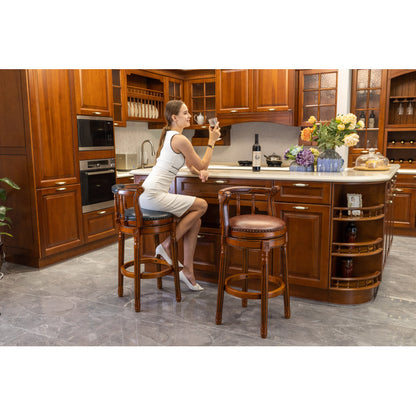 Barhocker aus Holz mit Kuhfell-Obermaterial, 360-Grad-Drehstuhl mit Rückenlehne, Brau + Sitzhöhe 65cm