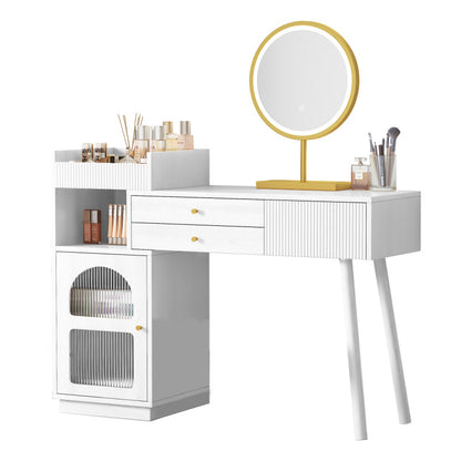 Kosmetiktisch-Set mit LED-Spiegel und 3-Farben-Beleuchtung, Schminktisch aus Holz mit 3 Schubladen und Seitenschrank, ausziehbares Design - Maße: B120/H90/T40 cm (ohne Hocker)