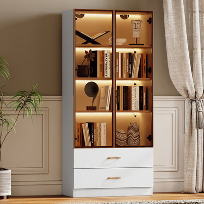 Badezimmerschrank, mittel, mit Lichtleiste, 75 cm breit, mit 2 großen Schubladen und 2 Türen, Glastür