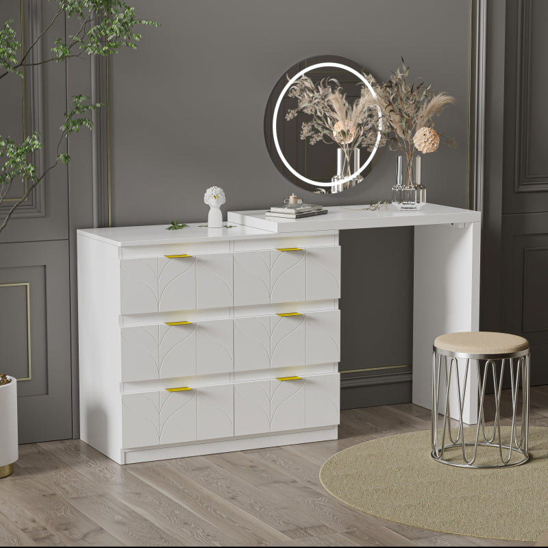 Schminktisch mit Beistelltisch,Bürotisch mit 6 Schubladen,Vergoldeten Griffen,drehbare Tischplatte(180°),lackiert,Blumenmuster,stoßfeste abgerundete Ecken,40T*73H,Weiß (ohne Spiegel und Hocker)