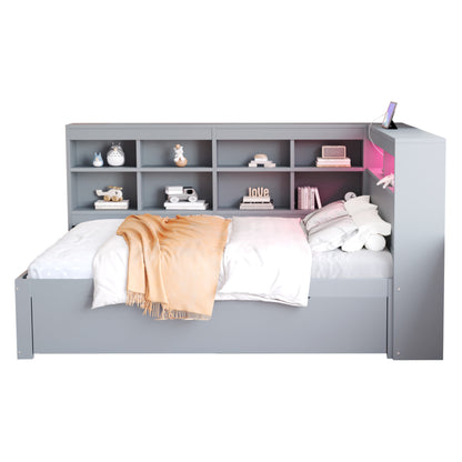 Massivholz-Doppelbett 140x200 Weiß mit LED & USB - Multifunktionales Sofa-Bett mit großen Schubladen, Ablagefächern & viel Stauraum, Grau