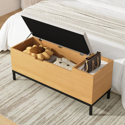 Sitzbank mit Stauraum 115 cm, Gepolsterte Truhenbank Holzoptik Natur, Stoffbezug Hellgrau, Flurbank