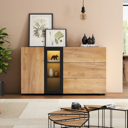 Sideboard, Modernes Anrichte Schrank Buffetschrank Sideboard mit 3 Schubladen,Accent Konsolentisch-Aufbewahrungsschrank mit Glas, Breite 140 cm